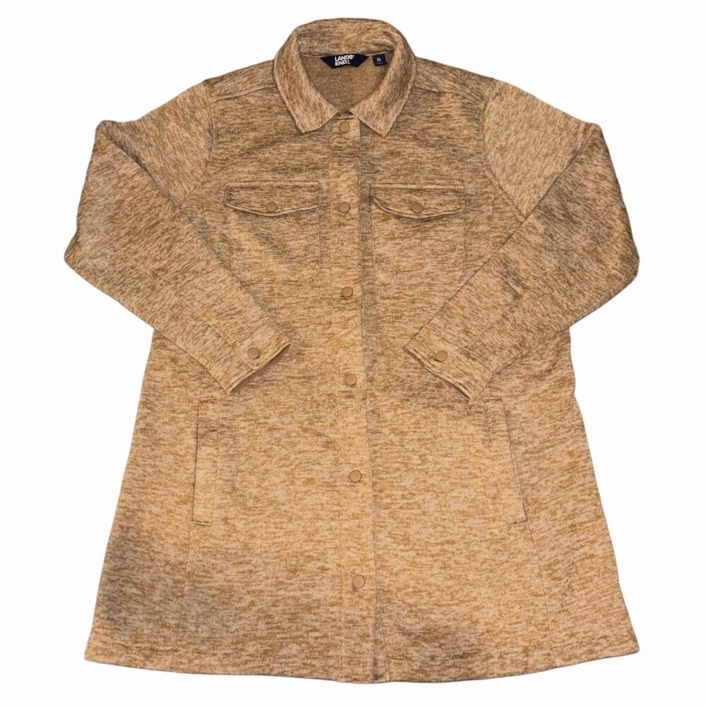 Lands’ End Womens Fleece Coat Heathered Brown Tan Full Snap Pockets Size XL